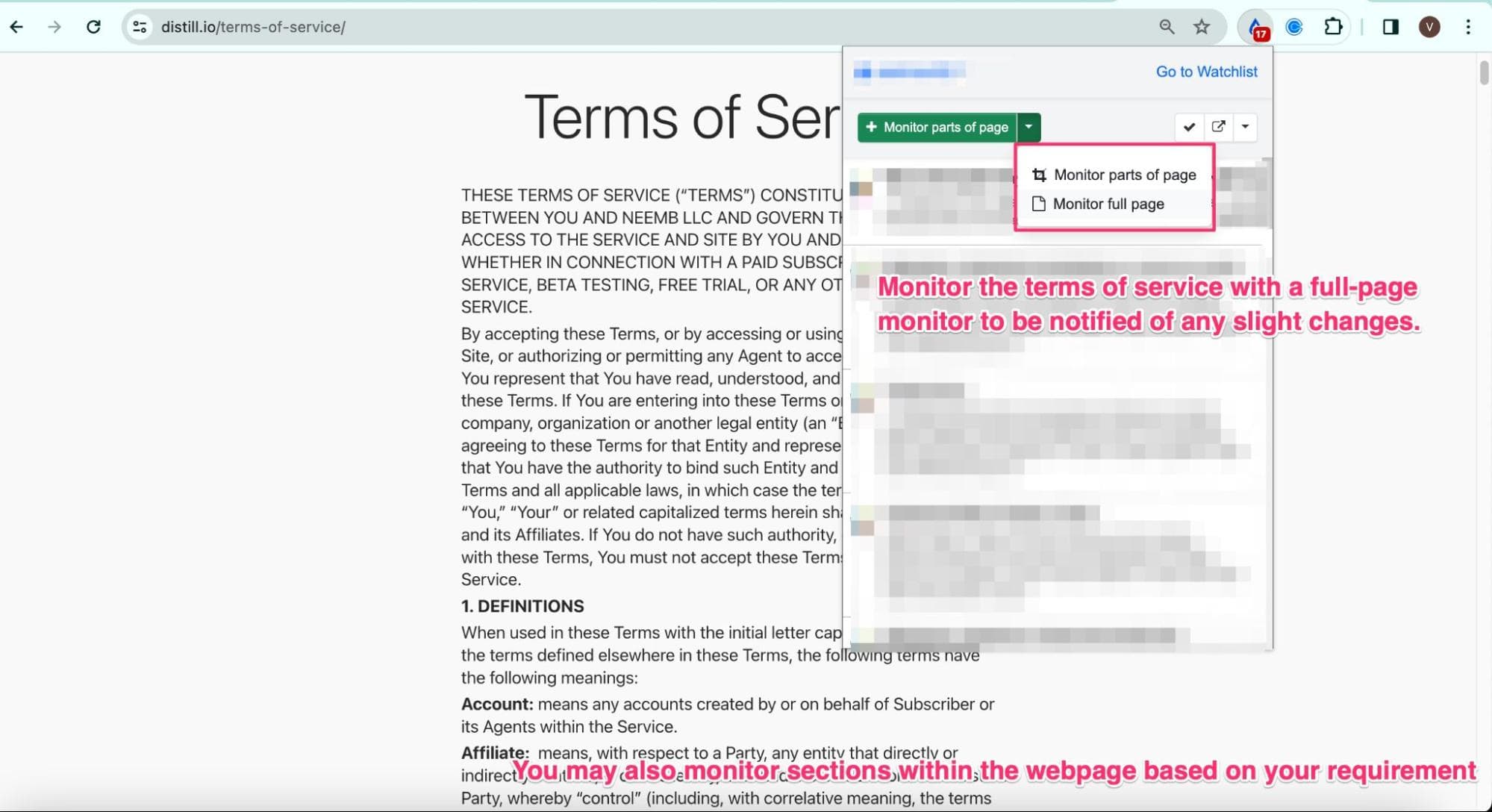 Tracking terms of service
