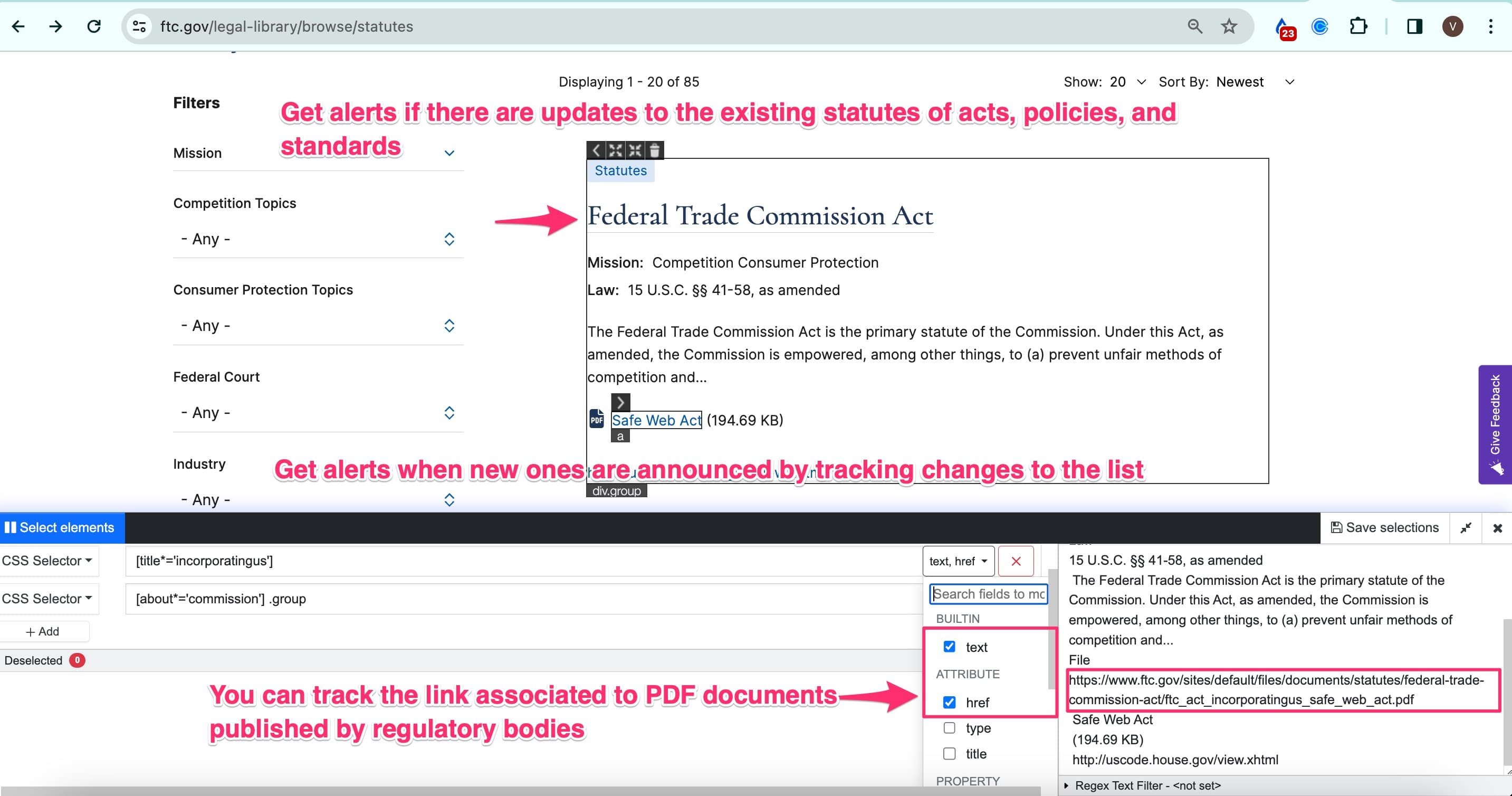 Tracking changes the FTC website