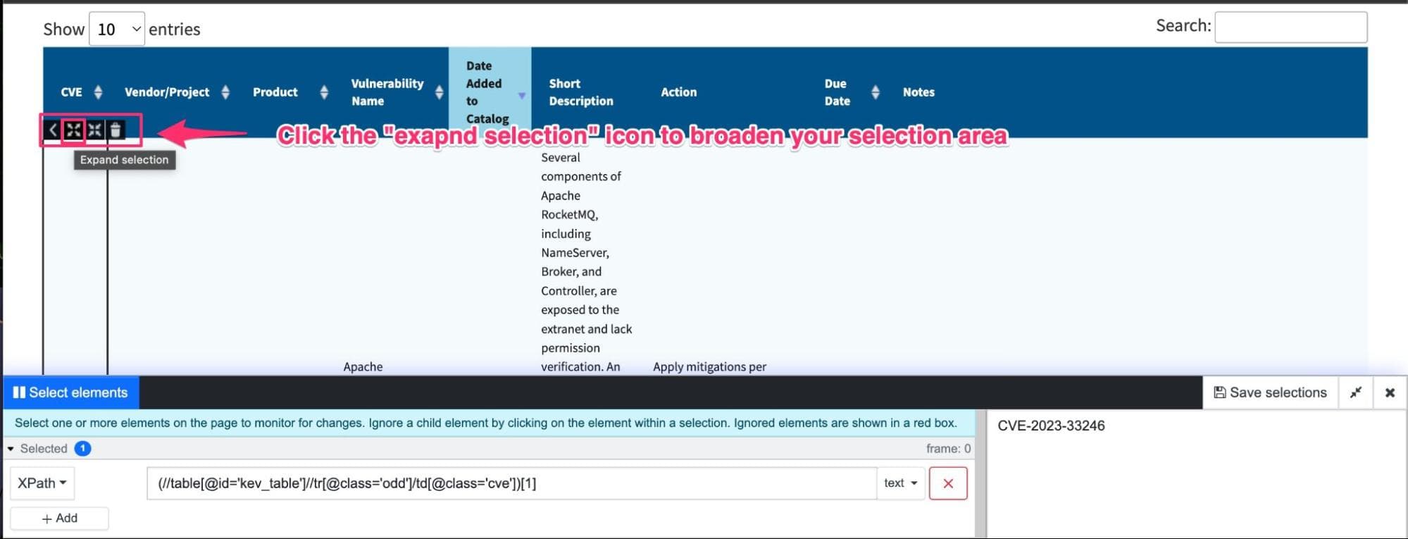 Select sections of the CVE report that is needed to be tracked