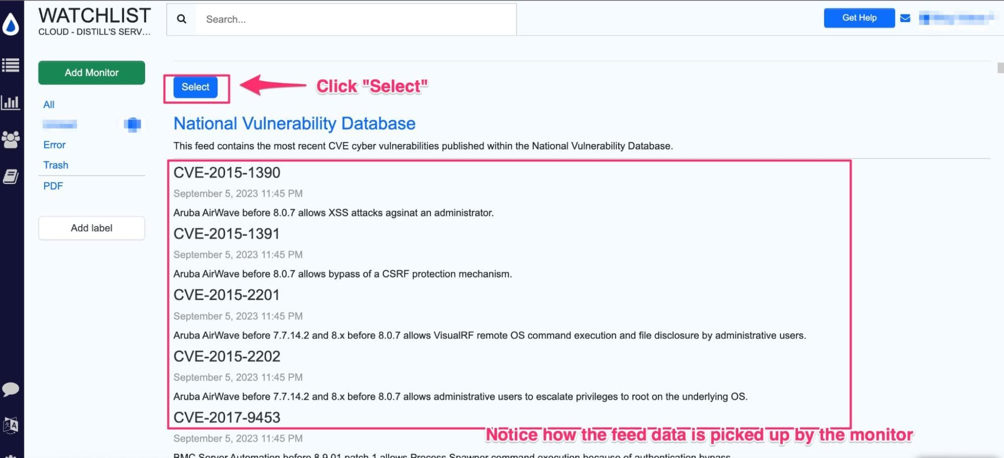 Parsed RSS feed of the CVE updates are loaded