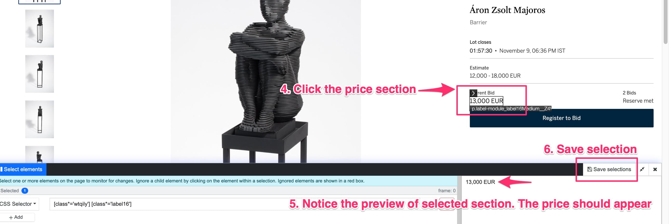 selecting auction details to track