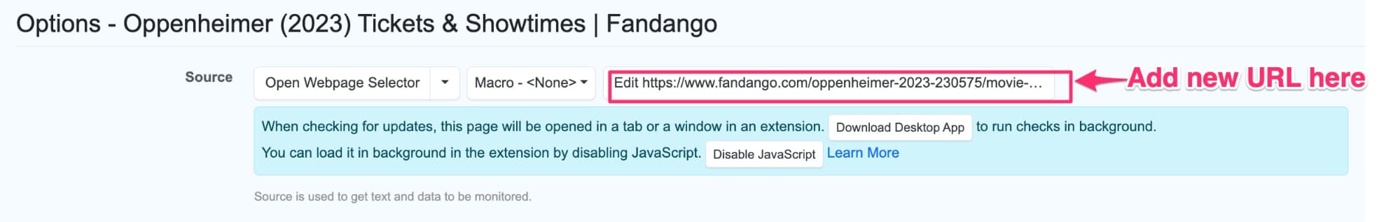 Editing the URl on the imported movie showtime monitor