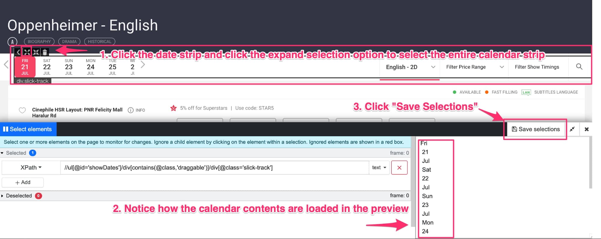 Selecting showtime calendar to monitor movie showtimes on bookmyshow