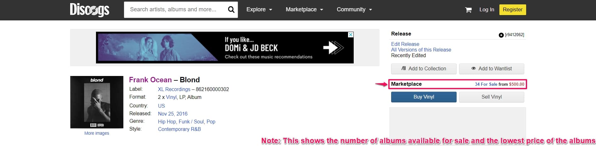 Selecting marketplace section for tracking