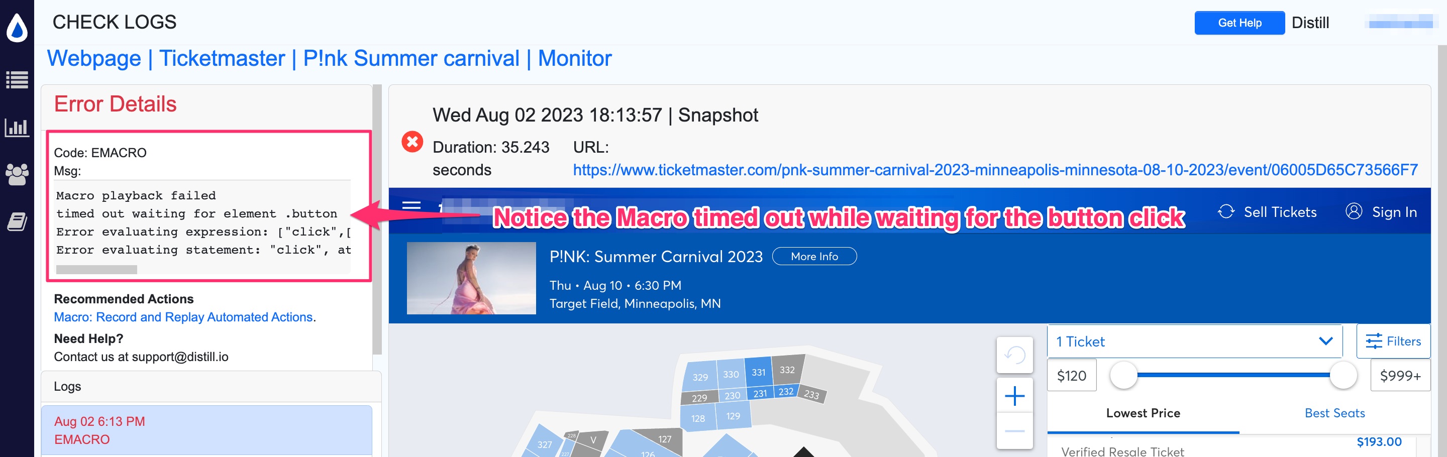 emacro error for button click