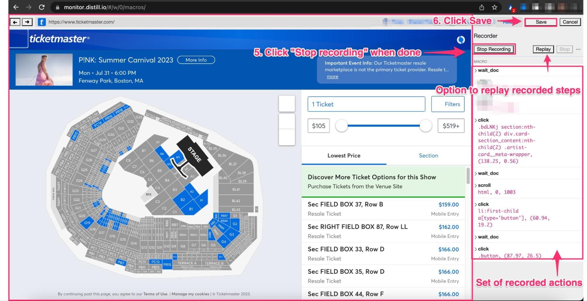 pre-recording filtering actions on Ticketmaster using Distill Macros