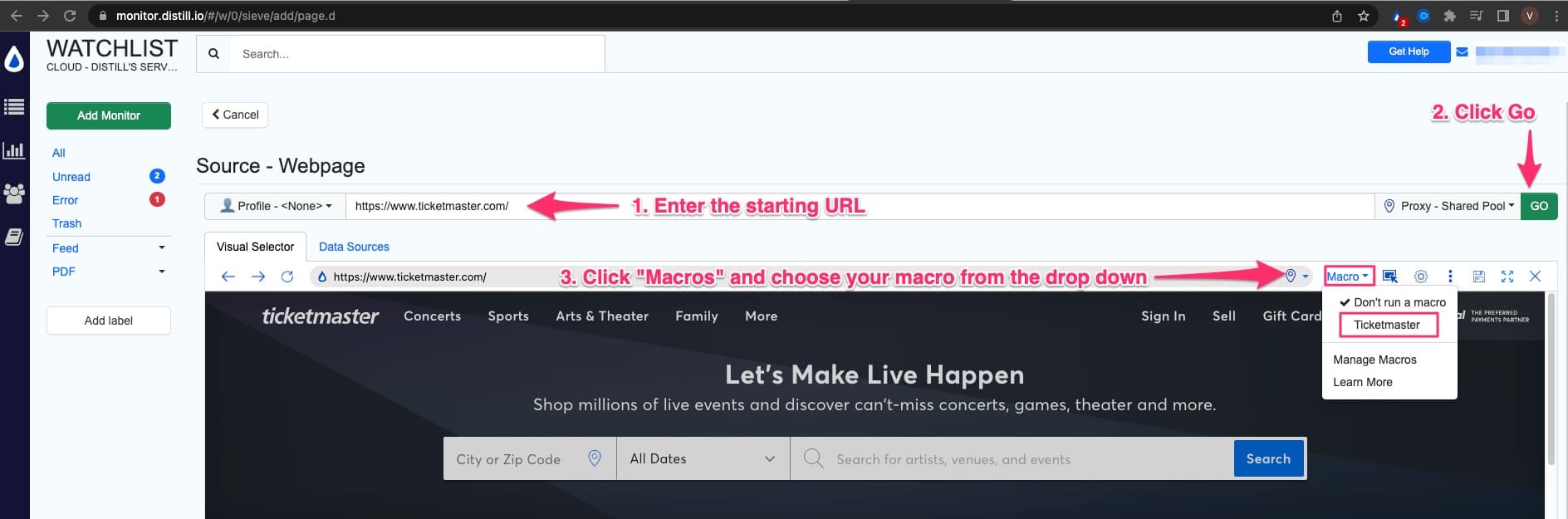 automating set of actions on Ticketmaster website using Distill macros