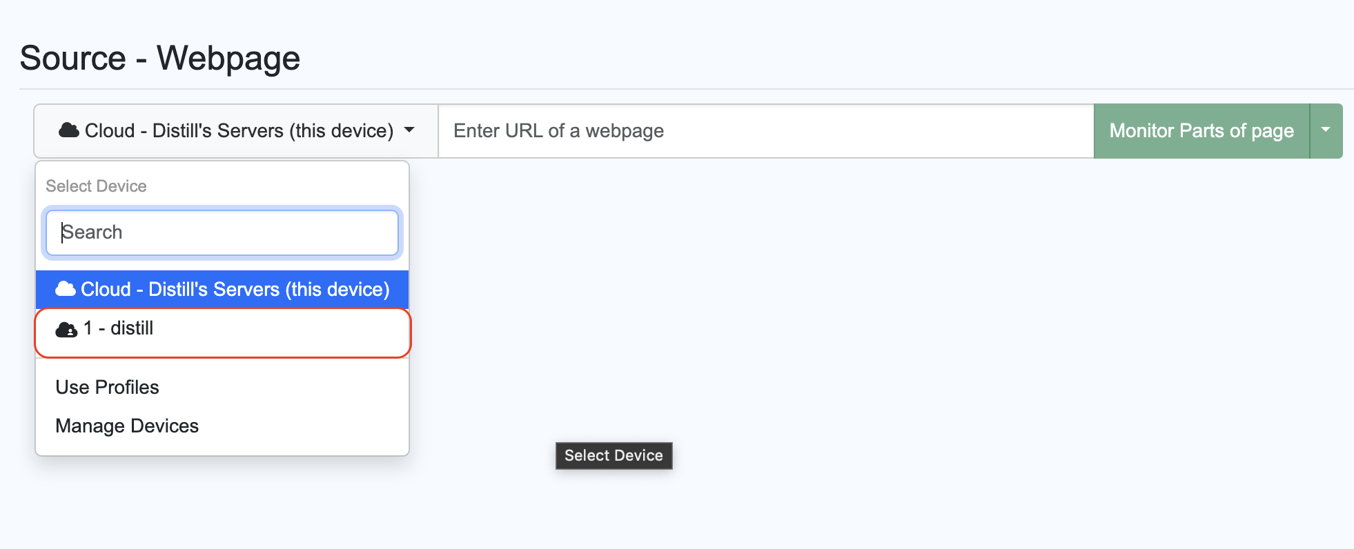 Cloud Devices List in the Add Web Monitor flow