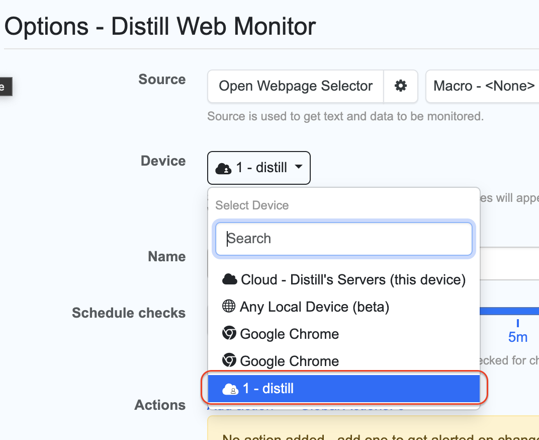 List of devices in the Edit options page