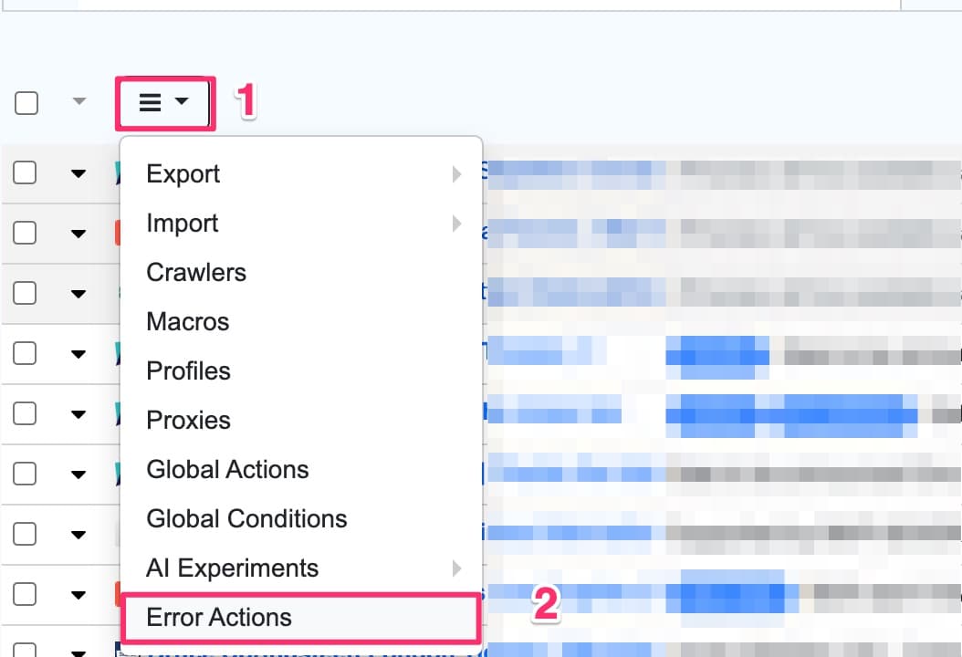 Accessing error actions settings