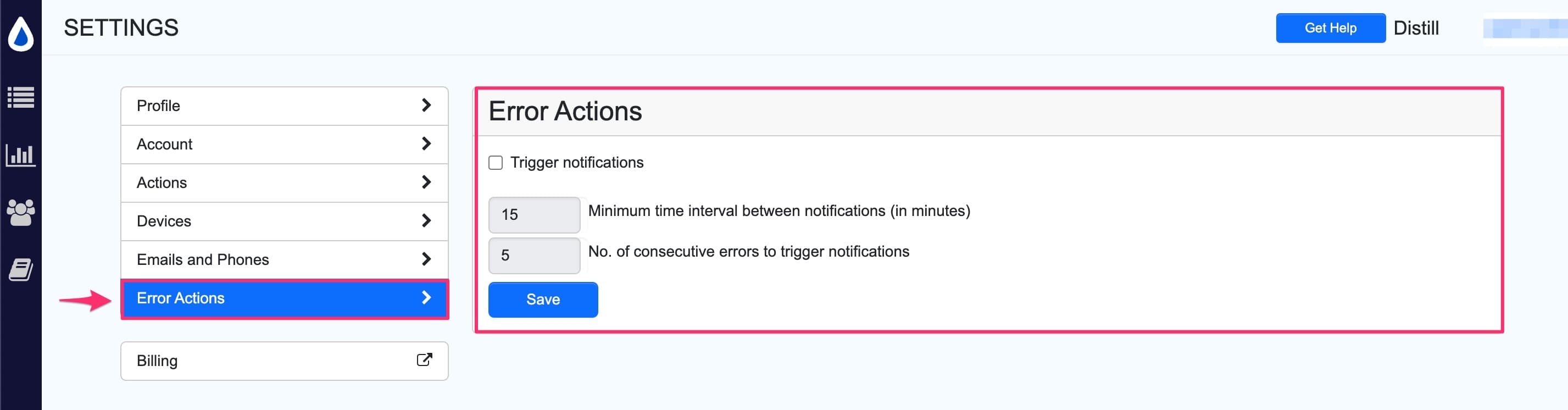 Accessing error actions settings