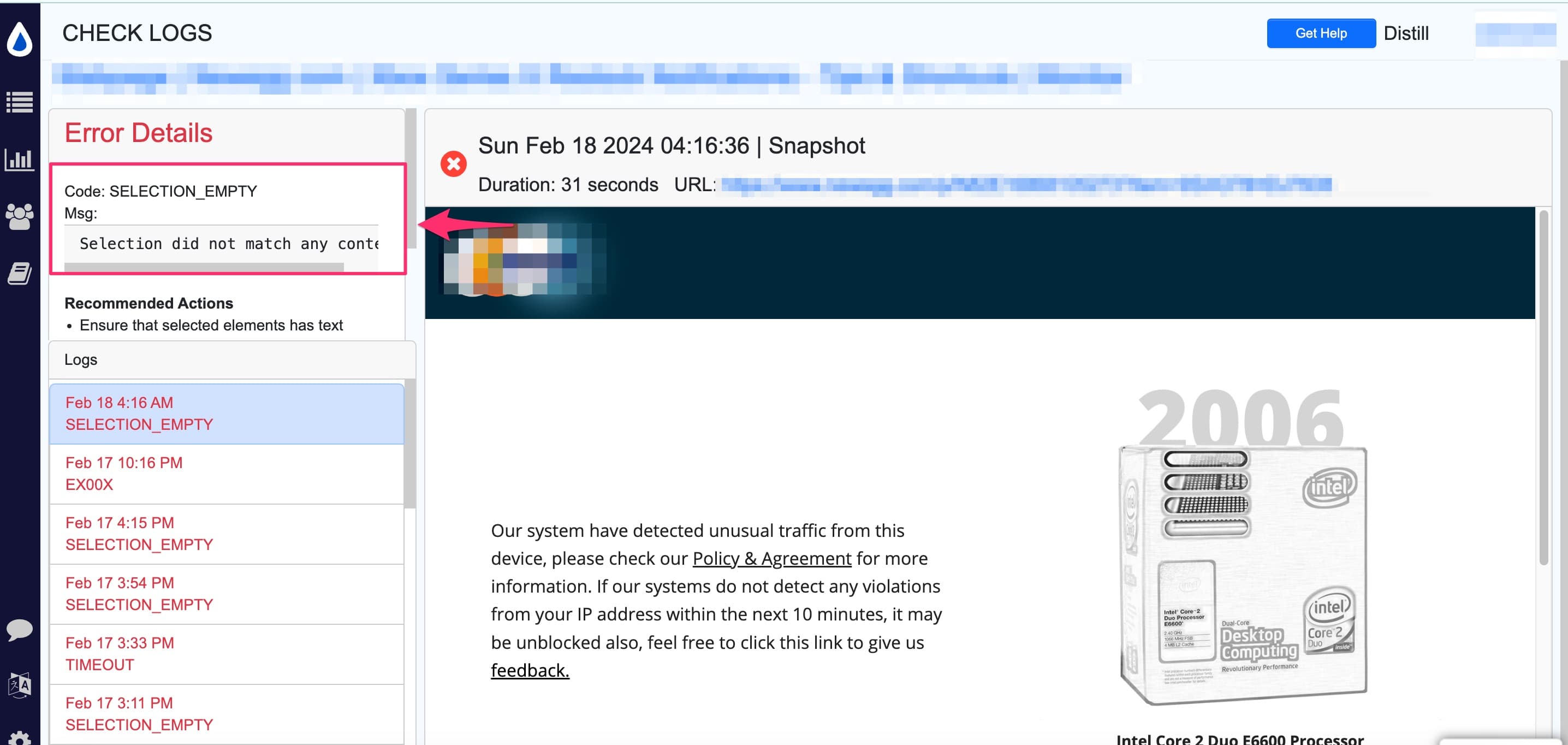 viewing error details in Log of checks