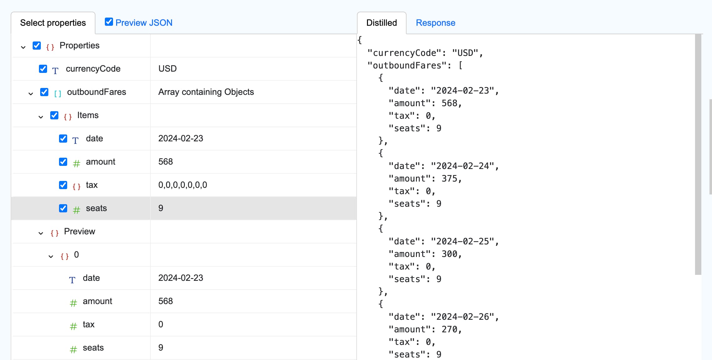 Selecting params and properties to track on JSON service