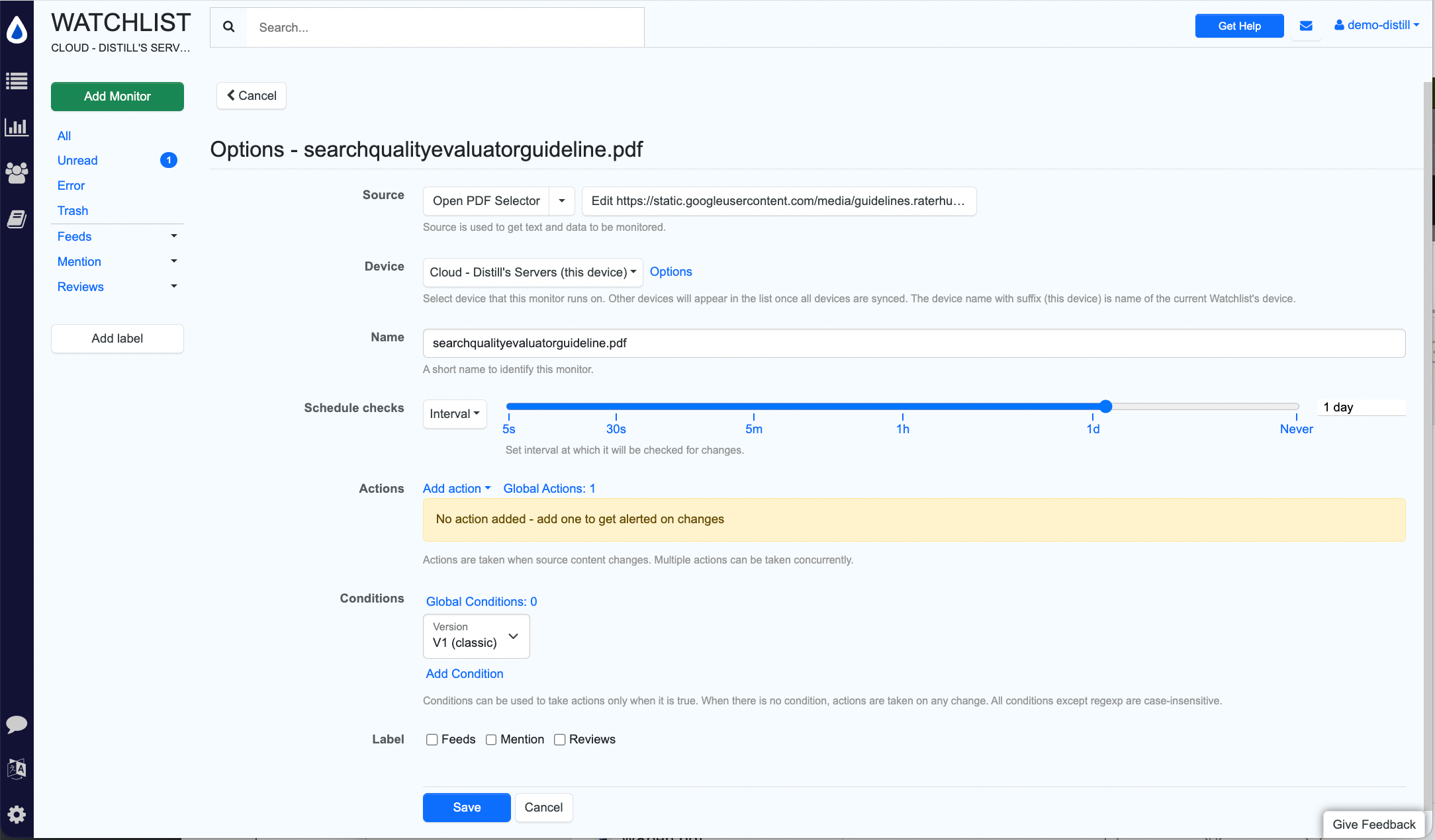 configure actions, check interval for the monitor
