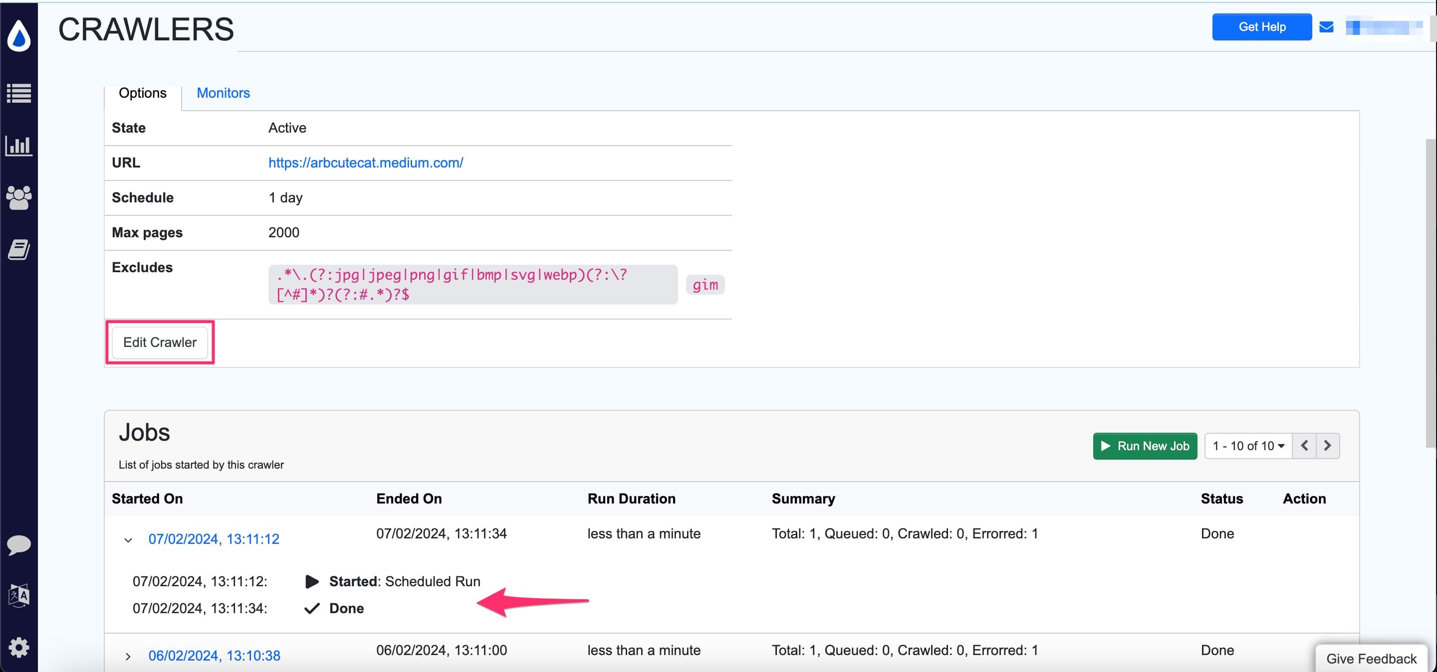 viewing crawler jobs and status