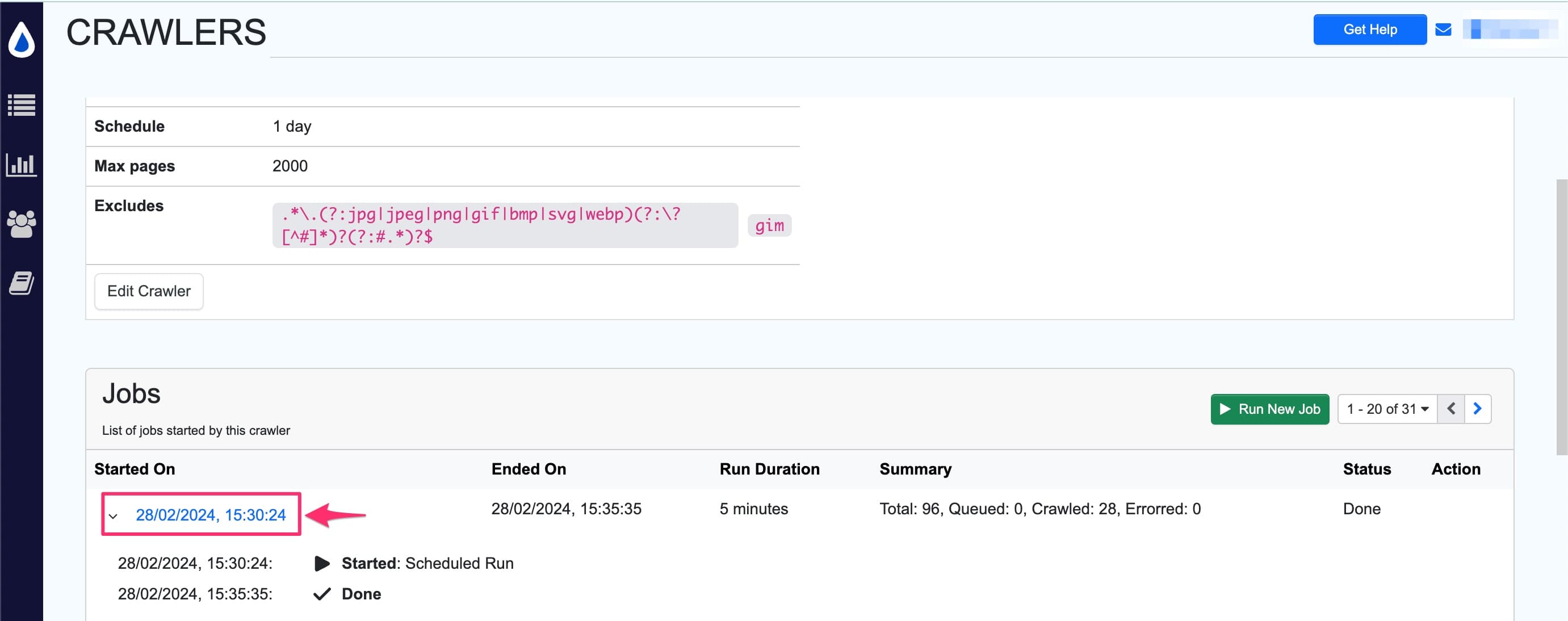 viewing crawler jobs