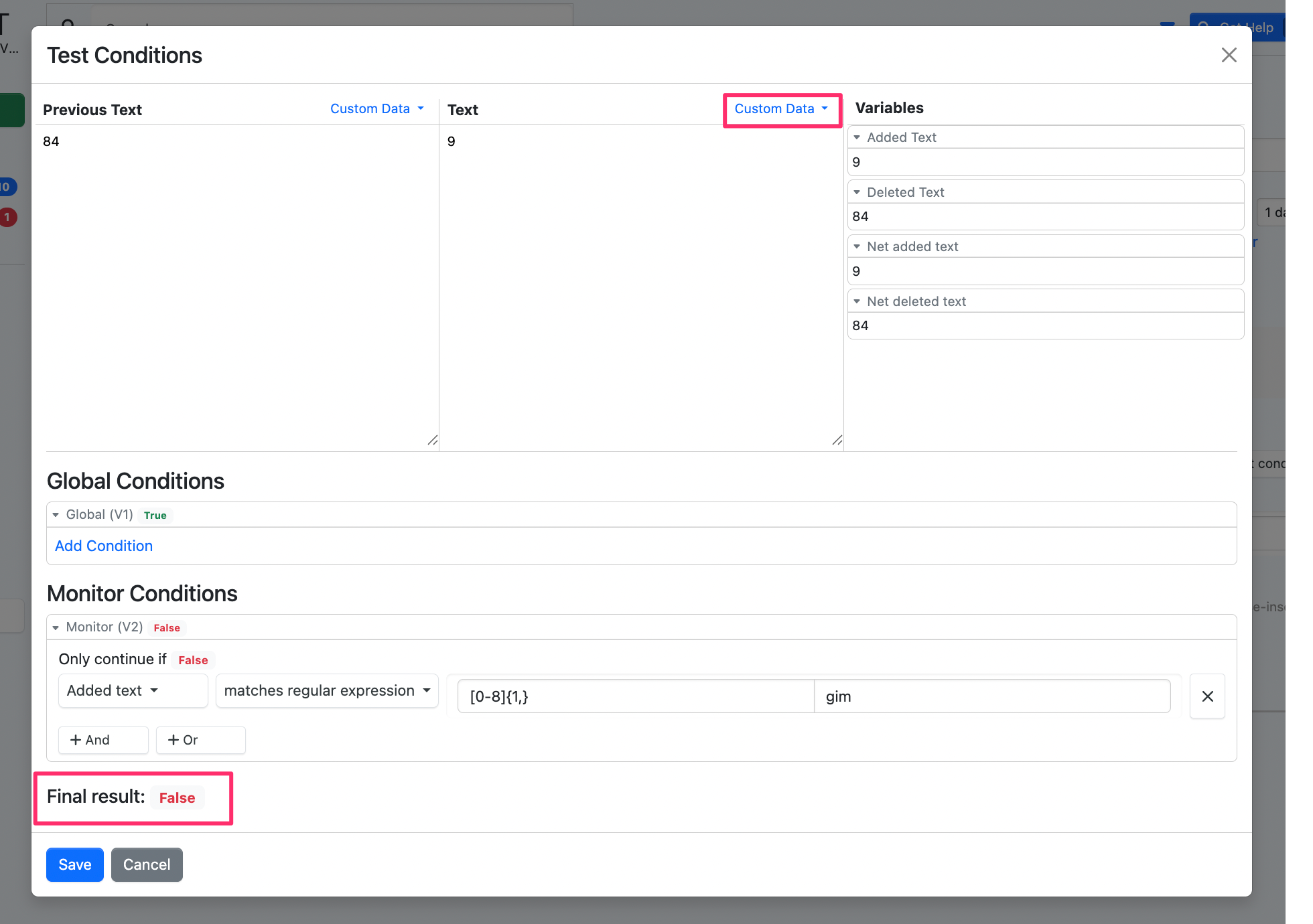 Test Conditions with Final Result False